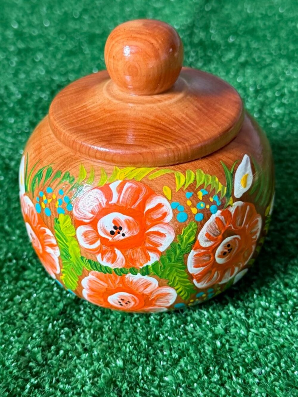 Vintage Boho Rustic Folk Art Handpainted Wood Lidded Jar Floral Cottagecore